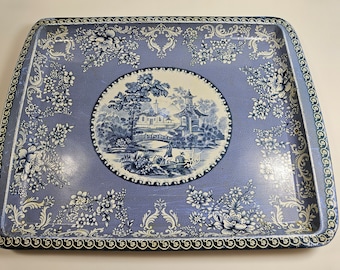 vtg Daher metal Tray, blue and white 'blue willow' pattern // 17.5 By 13.75 inches // made in England