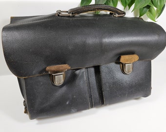 vtg 40's French leather satchel bag or briefcase, tarnished and well worn // 16 x 9 x 6 inches