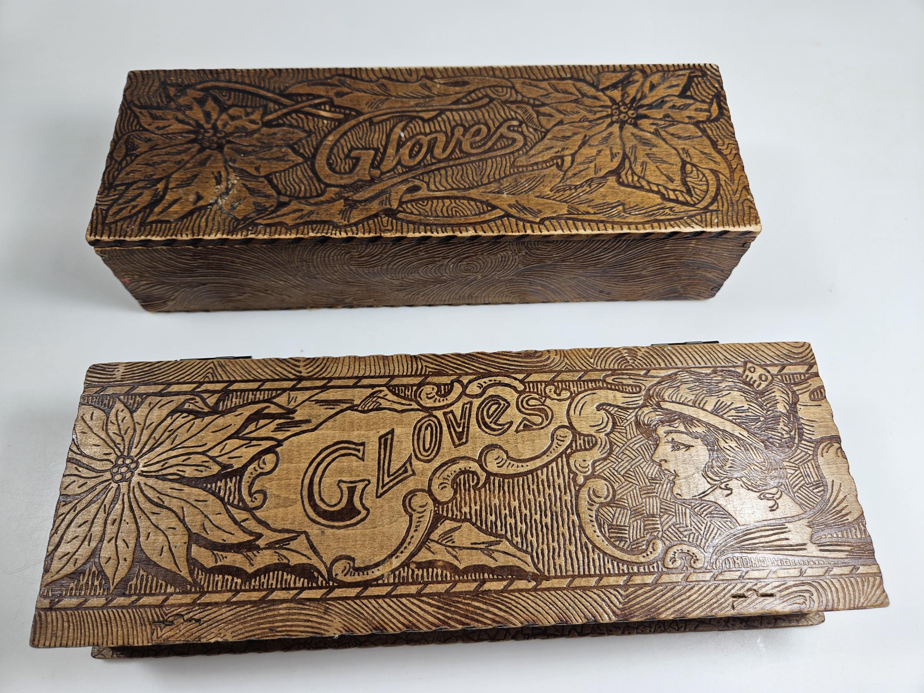 antique wood burned pyrography Glove Box for choice // 10 x 3.5 x 1.75 inches