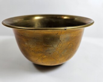 vtg etched Brass Bowl, birds and pear tree pattern // 7 inches wide, 4 inches tall