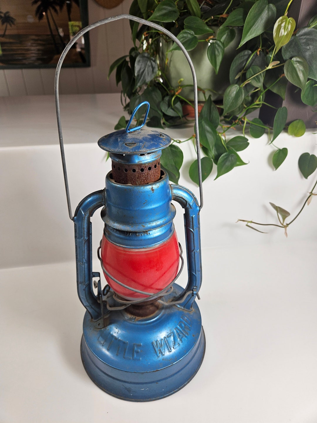 Vtg Dietz Kerosene Lantern, Blue With Red Glass // NY USA