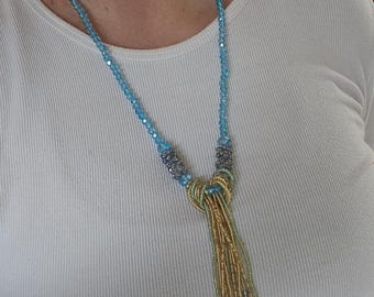 faceted bead long necklace, 12 inch hang plus tassel length