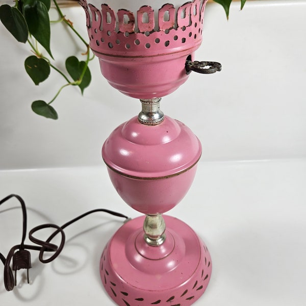 vtg pink metal lamp with glass hurricane cover, 20 inches tall