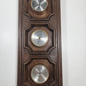 vtg Springfield wall weather station, accuracy/working condition unknown // faux wood surround // 19 x 7.5 x 2 inches