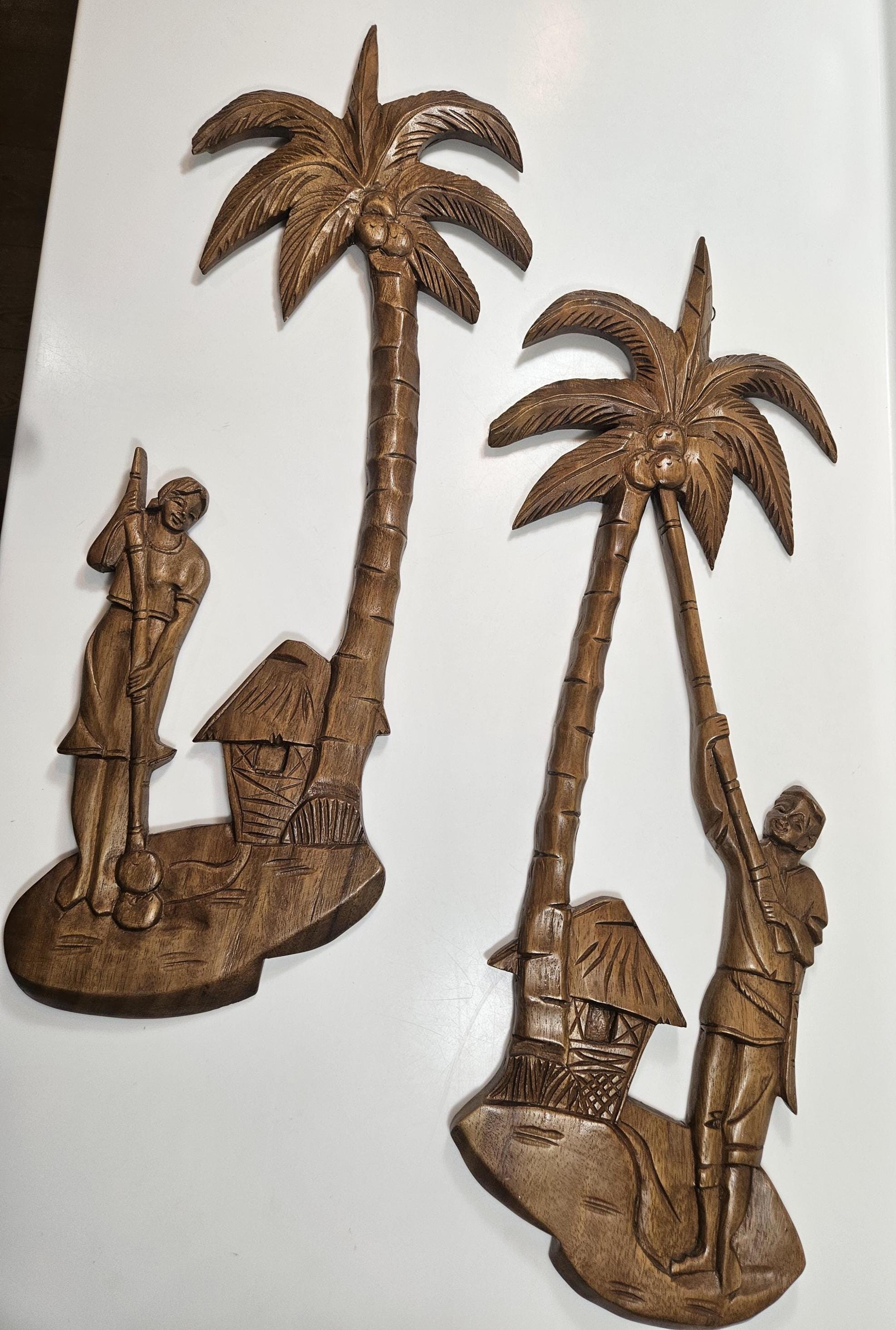 Vintage MCM Tiki Carved Wood Polynesian People Under Palm Trees