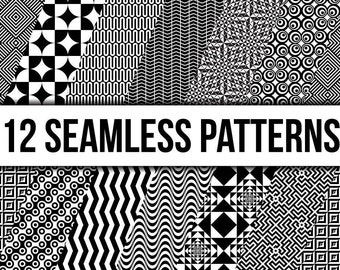 12 Black and White Seamless Patterns, transparent backgrounds, editable vector