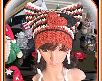 PATTERN ONLY, crochet cat ears hat, star or heart strands , kitty hat, boho, beanie