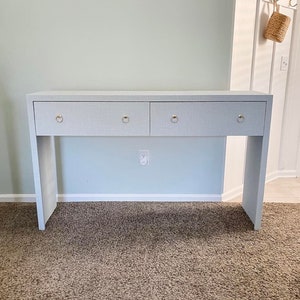 Custom Grasscloth Waterfall Console Table: Modern Coastal Entryway