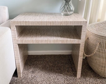 Grasscloth End Table, Wood Side Table, Modern Coastal, Grand Millennial, Custom Table, Raffia Table, Linen Table, Grasscloth Nightstand