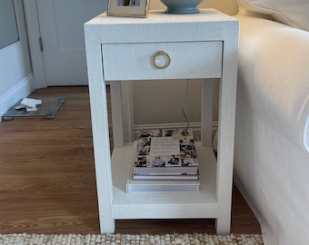 Grasscloth End Table, Nightstand, Bedside Table, Modern Coastal Furniture, Raffia Table, Linen Table, Custom Table, Bedroom, NOT A PAIR