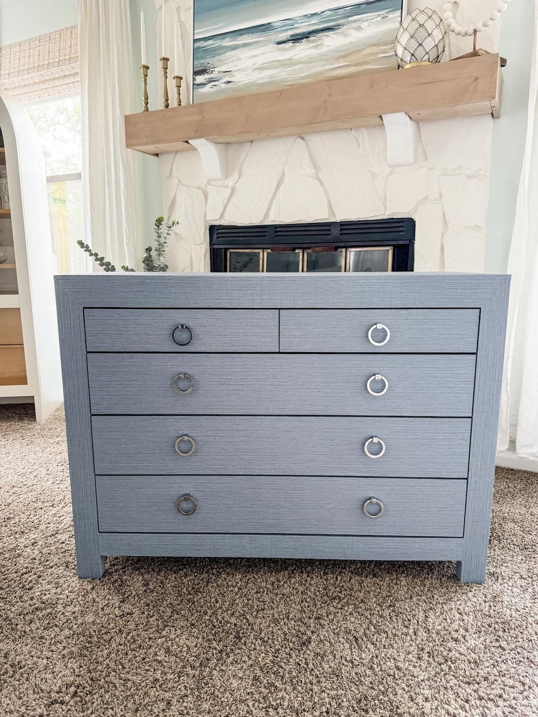 Handmade Grasscloth Dresser: Coastal Modern Chambray Blue Wood Furniture