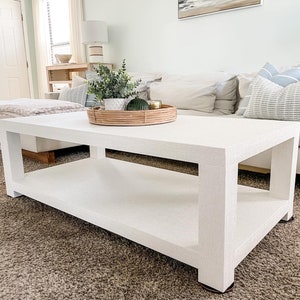Custom Coastal Grasscloth Wood Coffee Table, White Rectangle Coffee Table, Grand Millennial Decor, Living Room Furniture, Handmade