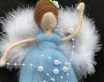 Grafelting Hapiness blue fairy, Waldorf Inspired, Needle Felted Fairy ,Brown Haired Hanging Naturel Handmade Wool Fairy ,Fairies for Nursery