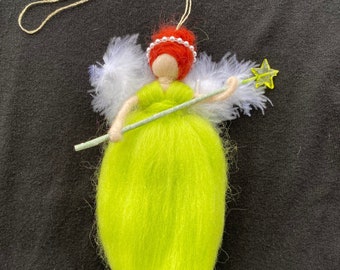 Red haired Massari Green Charm Fairy,  Needle Felted Dolls, Fairy Doll, Waldorf Inspired, Hanging Dolls; Mothers day Gift, Hanging Fairy