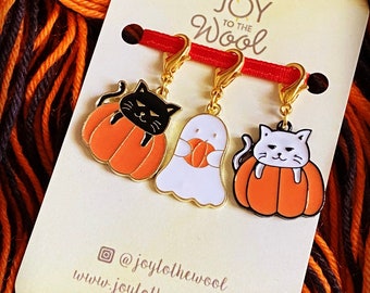 Halloween Enamel Stitch Marker Set: Cats, Pumpkins, Ghost Charms