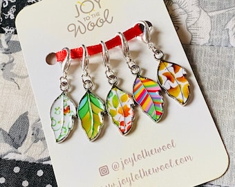 Enamel Leaf Stitch Markers: Botanical Knitting Crochet Gift