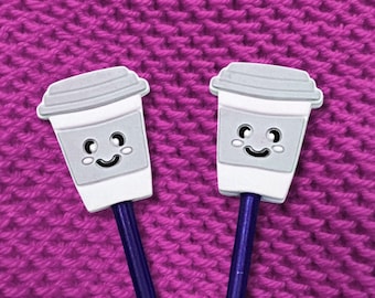 Pair of Grey Coffee Cup Knitting Needle Stoppers Kawaii Latte Mug Knitting Needle Point Protectors Gifts for Knitters and Coffee Lovers