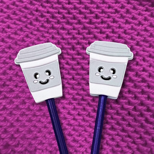 Pair of Grey Coffee Cup Knitting Needle Stoppers Kawaii Latte Mug Knitting Needle Point Protectors Gifts for Knitters and Coffee Lovers