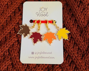 Autumnal Maple Leaf Enamel Stitch Markers: Knitting Crochet Gift