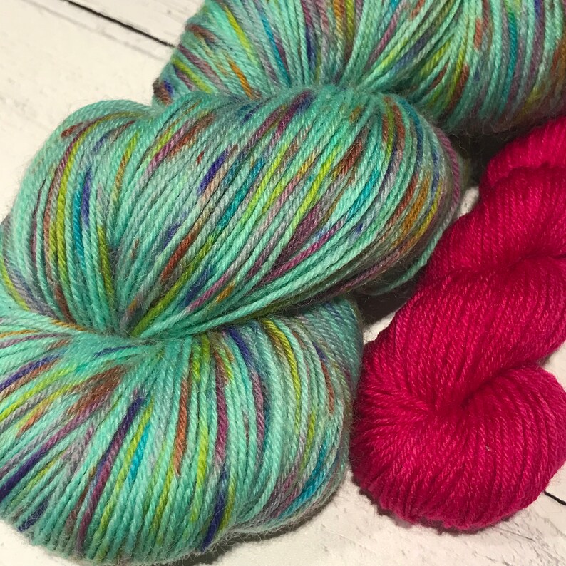Rockin\u2019 Around the Christmas Tree Sock Yarn and Mini-Skein Kit with Christmas Stitch Marker Hand-Dyed Wool Set Mint Green Speckled Yarn