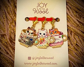 Vintage Style Cat Teacup Stitch Markers Kitten Progress Keeper Charm Set  Knitting Gift for Knitter Crochet Cute Pendants Christmas Gift