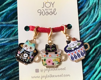 Cat in Teacup Stitch Marker Set: Knitting Crochet Progress Keepers