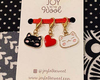 Love Cats Stitch Markers Set Progress Keepers Black and White Kitten Charms Gift for Knitter Crochet Gift Red Pendant Mothers Day