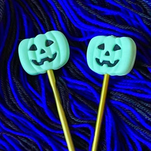 Pair of Knitting Needle Stoppers Point Protectors Tips Halloween Pumpkin Mint Green Black One Size Fits Most