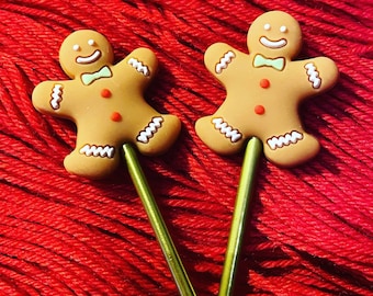 Pair of Christmas Knitting Needle Stoppers Point Protectors Tips Holiday Gingerbread Man One Size Fits Most Stocking Stuffer Filler Gift