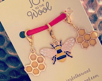 Bumblebee and Honeycomb Stitch Markers Progress Keepers Gold Tone Yellow Black Enamel Bee and Honey Crochet Knitting Gifts Pendants