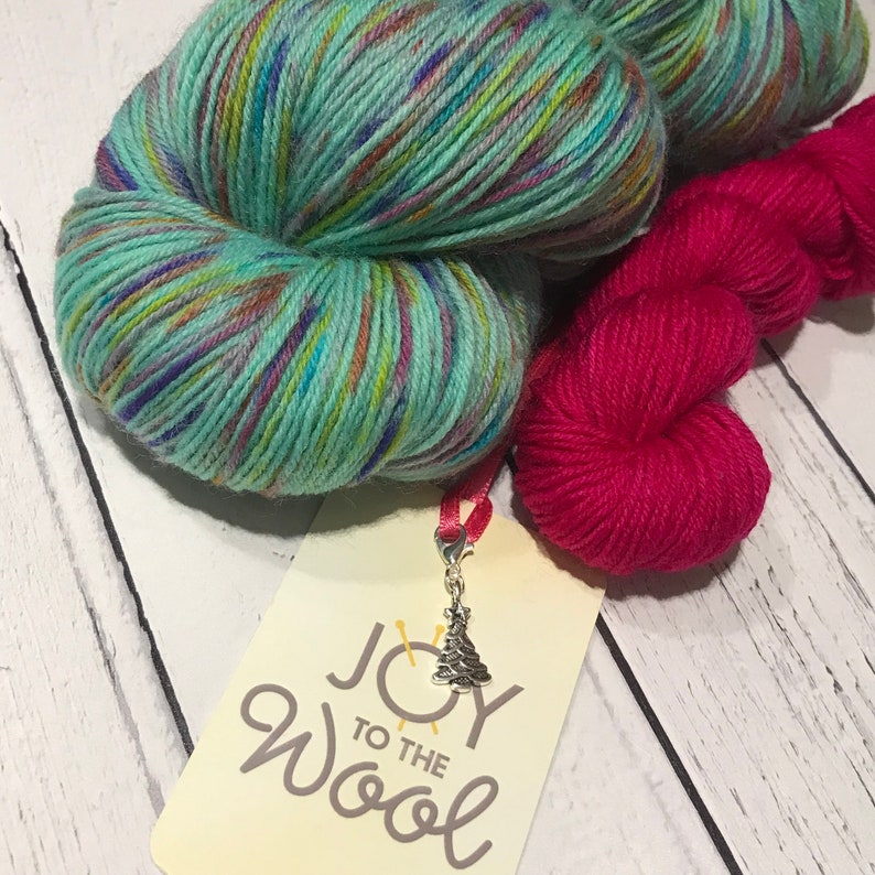Rockin\u2019 Around the Christmas Tree Sock Yarn and Mini-Skein Kit with Christmas Stitch Marker Hand-Dyed Wool Set Mint Green Speckled Yarn