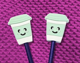 Pair of Cute Coffee Cup Knitting Needle Point Protectors Mint Green Stitch Stoppers One Size Fits Most Kawaii Latte Gift for Knitter