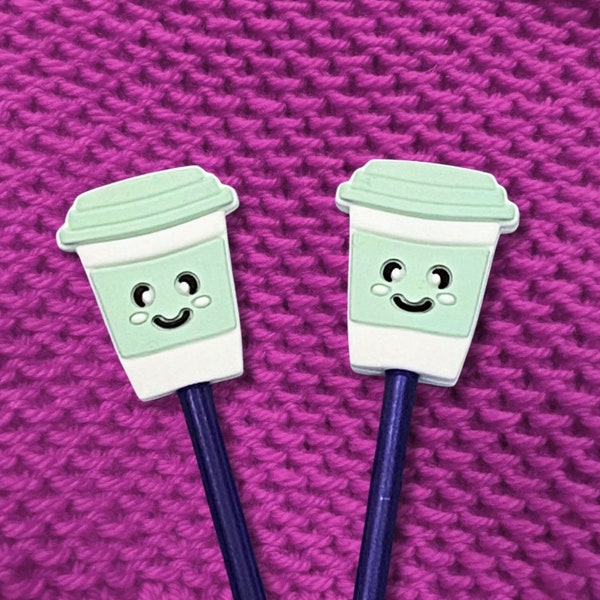 Pair of Cute Coffee Cup Knitting Needle Point Protectors Mint Green Stitch Stoppers One Size Fits Most Kawaii Latte Gift for Knitter