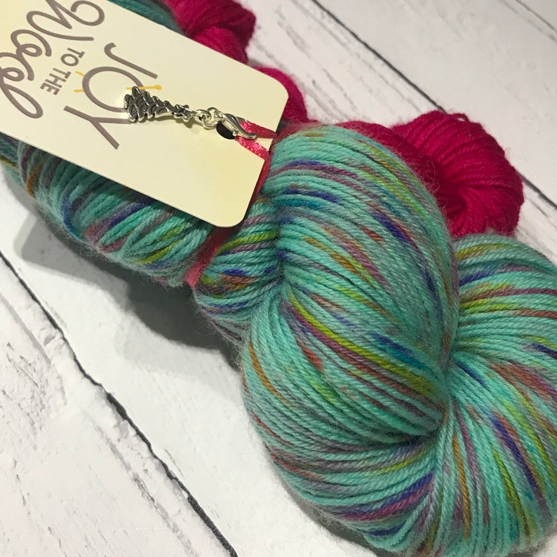 Rockin\u2019 Around the Christmas Tree Sock Yarn and Mini-Skein Kit with Christmas Stitch Marker Hand-Dyed Wool Set Mint Green Speckled Yarn