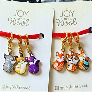 Two Sets of Fox Stitch Markers Enamel Gold Tone Charms Progress Keepers Gifts for Knitters Crocheters Animal Pendants