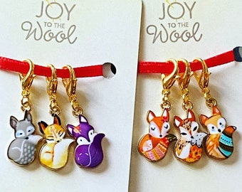 Two Sets of Fox Stitch Markers Enamel Gold Tone Charms Progress Keepers Gifts for Knitters Crocheters Animal Pendants