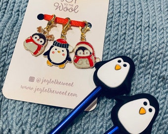 Bundle Christmas Penguin Stitch Markers and a Pair of Knitting Needle Stoppers Point Protectors Progress Keepers Gift for Knitters Advent