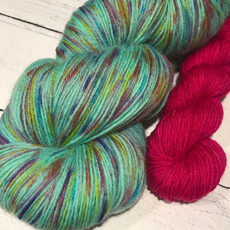 Rockin\u2019 Around the Christmas Tree Sock Yarn and Mini-Skein Kit with Christmas Stitch Marker Hand-Dyed Wool Set Mint Green Speckled Yarn