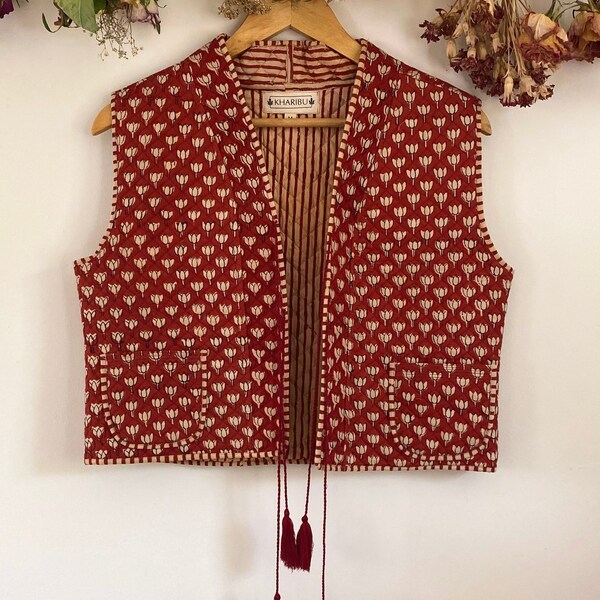 Block Print Quilted Waistcoat Red Rust Naturally Dyed Boho Ethnic Vintage Indian