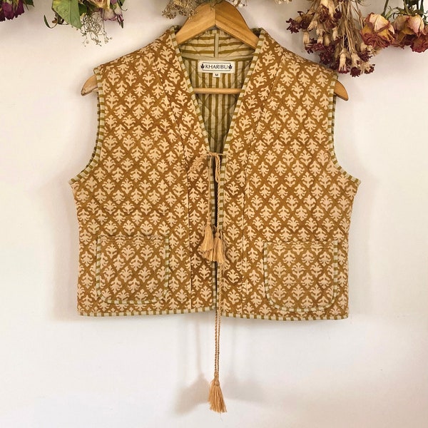 Block Print Quilted Waistcoat Mustard Naturally Dyed Boho Ethnic Vintage Indian