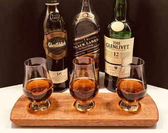 Personalized Whisky Whiskey Bourbon Scotch Tasting Flight - Solid Mahogany 3 Glencairn Glass Tasting Set Serving Tray - Housewarming Gift