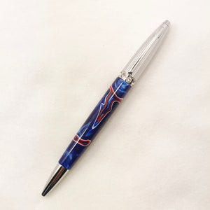 Swarovski Crystal Chrome and Blue White Red Swirl Acrylic Handcrafted Refillable Twist Pen #101