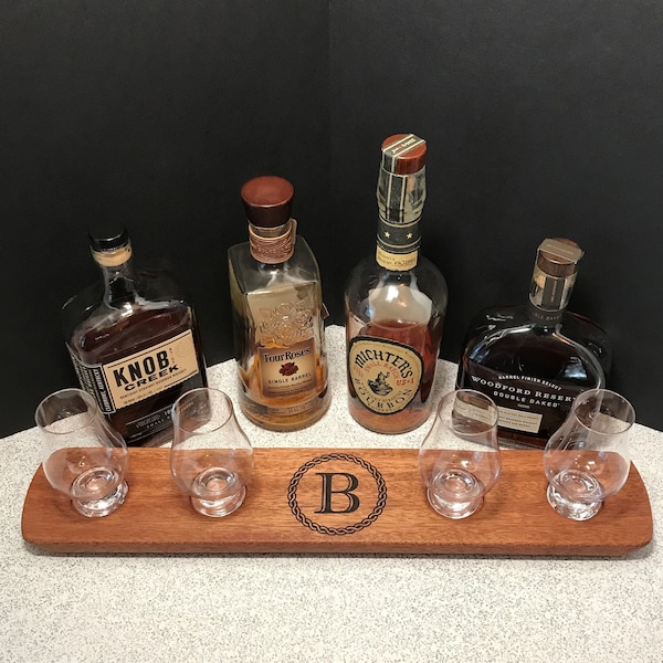 Monogrammed 4 Glencairn Glass Serving Tray Set - Solid Mahogany - Whisky Whiskey Bourbon Scotch Flight - Personalized Gifts for Him