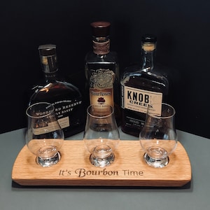 Oak "It's Bourbon Time"  Bourbon Whiskey Serving Tray Set - Tasting Flight - 3 Glencairn Glass  - Gifts for Him - Housewarming Gift