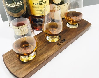 Personalized Whisky Whiskey Bourbon Scotch Tasting Flight - Solid Walnut - 3 Glencairn Glass Serving Tray Set - Whisky Lover Gift for Him