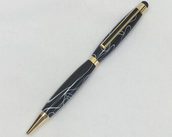 Black White Swirl 24K Gold Plated Handcrafted Refillable Acrylic Twist Pen/Stylus #101