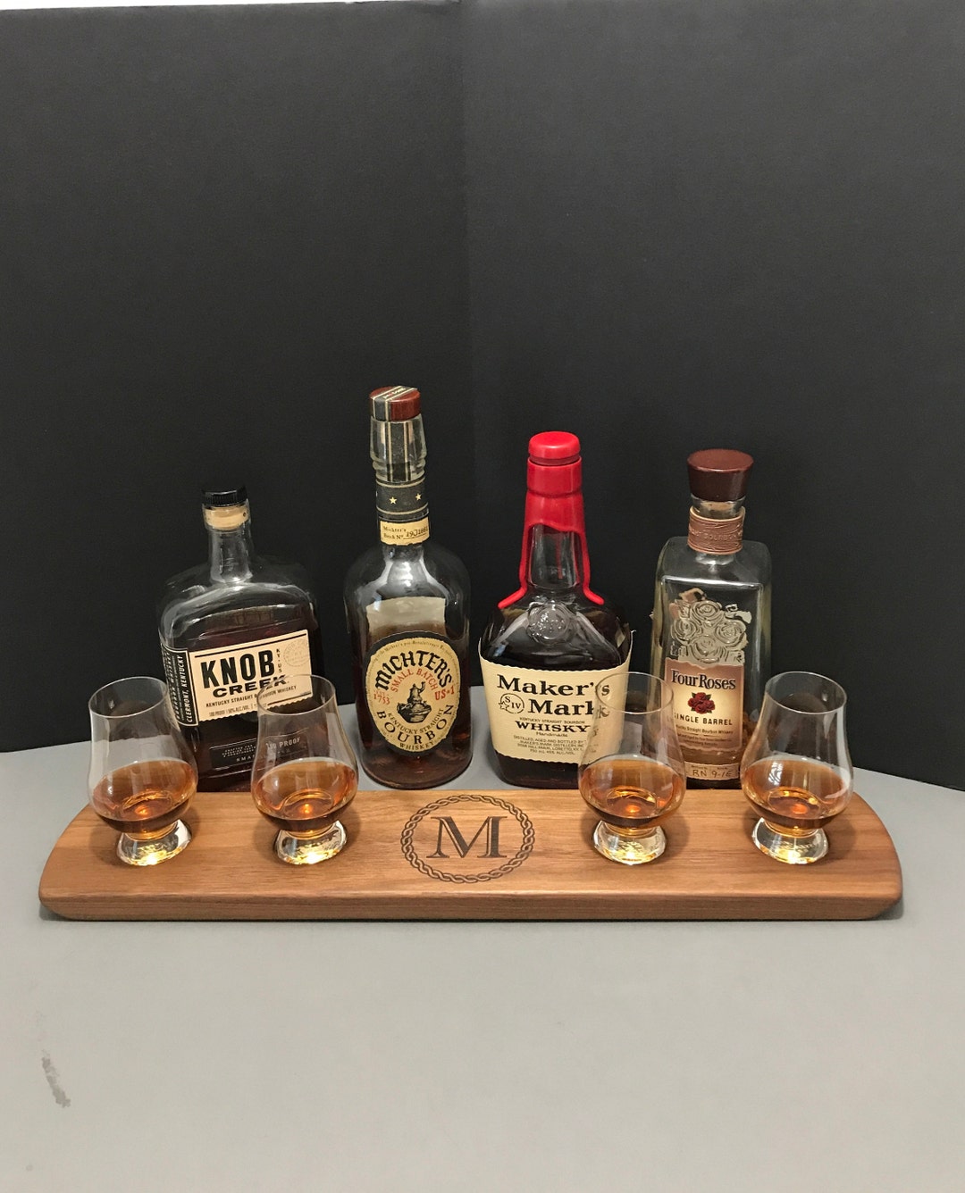 Monogrammed 4 Glencairn Glass Serving Tray Set Walnut Whisky Whiskey