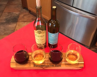 Personalized Wine Set Serving Tray - Teak - 4 Stemless Wine Glasses Included! Wine Tasting Flight - Wedding Gift - Housewarming - Wine Gift