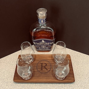 Monogrammed 4 Glencairn Glass Serving Tray Set SQ- Walnut - Whisky Whiskey Bourbon Scotch Flight - Personalized Gift - Gifts for Him - Dad