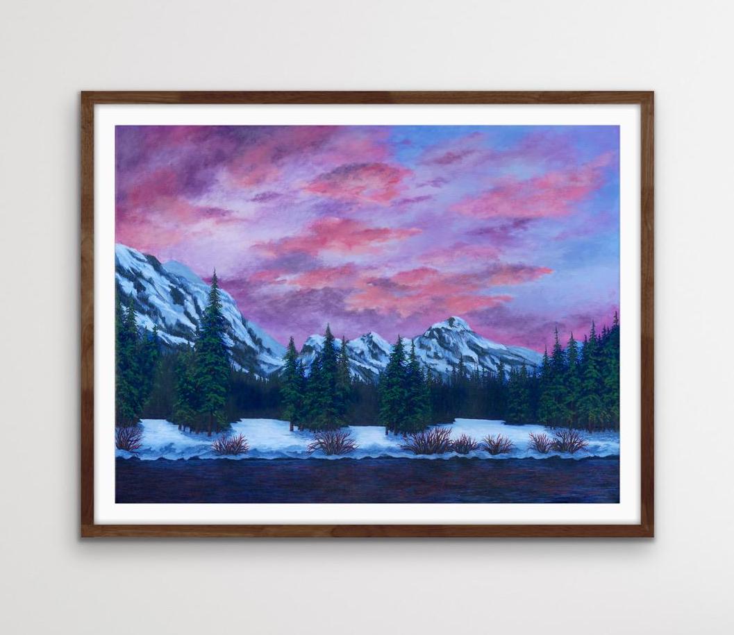 Pink Sunset Mountain Art Print: Pine Forest Giclee Landscape